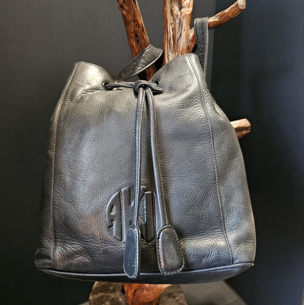 Anne Klein Black Leather Hobo Bucket Bag.